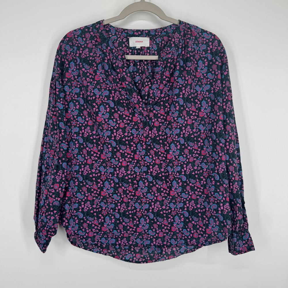 XIRENA Romi Top In Black Beauty Floral Paisley Blouse XS 100% Cotton